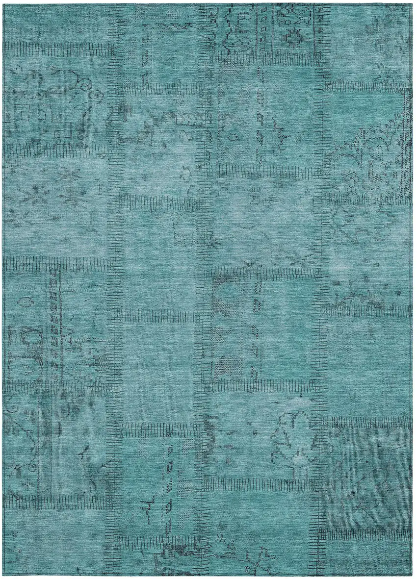 Teal Blue And Aqua Patchwork Washable Indoor Outdoor Area Rug Photo 5