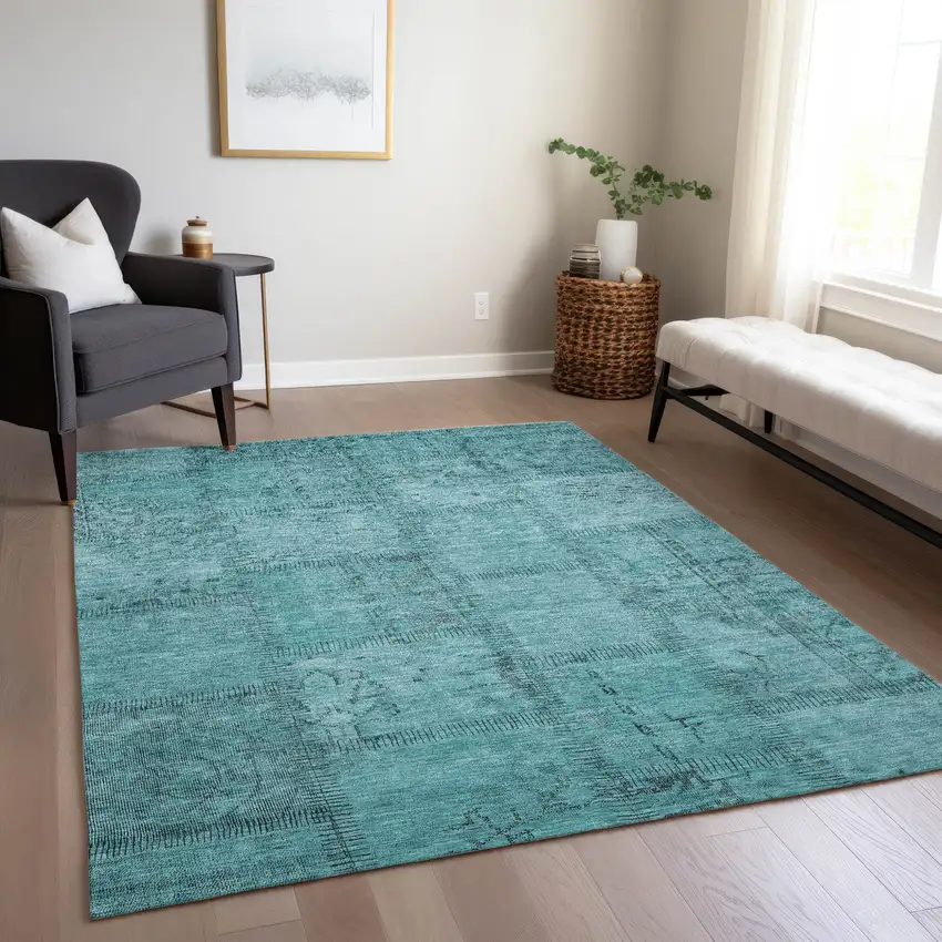 Teal Blue And Aqua Patchwork Washable Indoor Outdoor Area Rug Photo 8