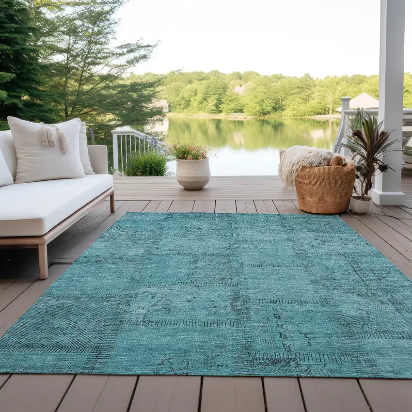 Teal Blue And Aqua Patchwork Washable Indoor Outdoor Area Rug Photo 9