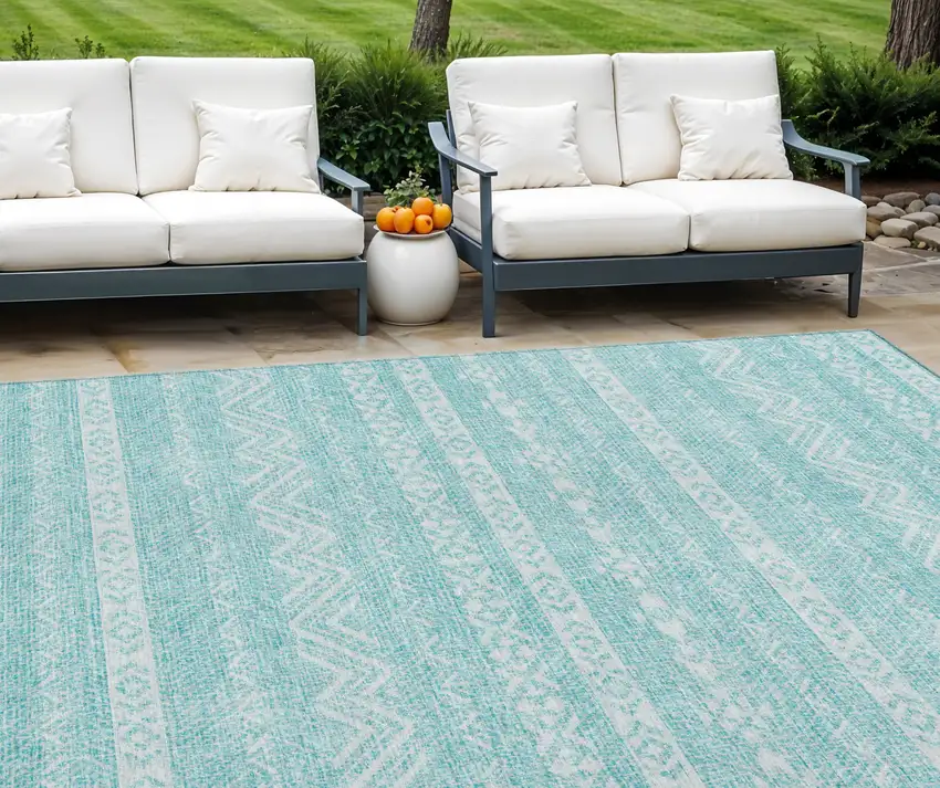 Teal Blue And Aqua Southwestern Washable Indoor Outdoor Area Rug Photo 1