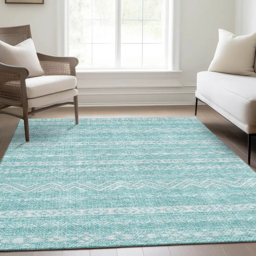 Teal Blue And Aqua Southwestern Washable Indoor Outdoor Area Rug Photo 9