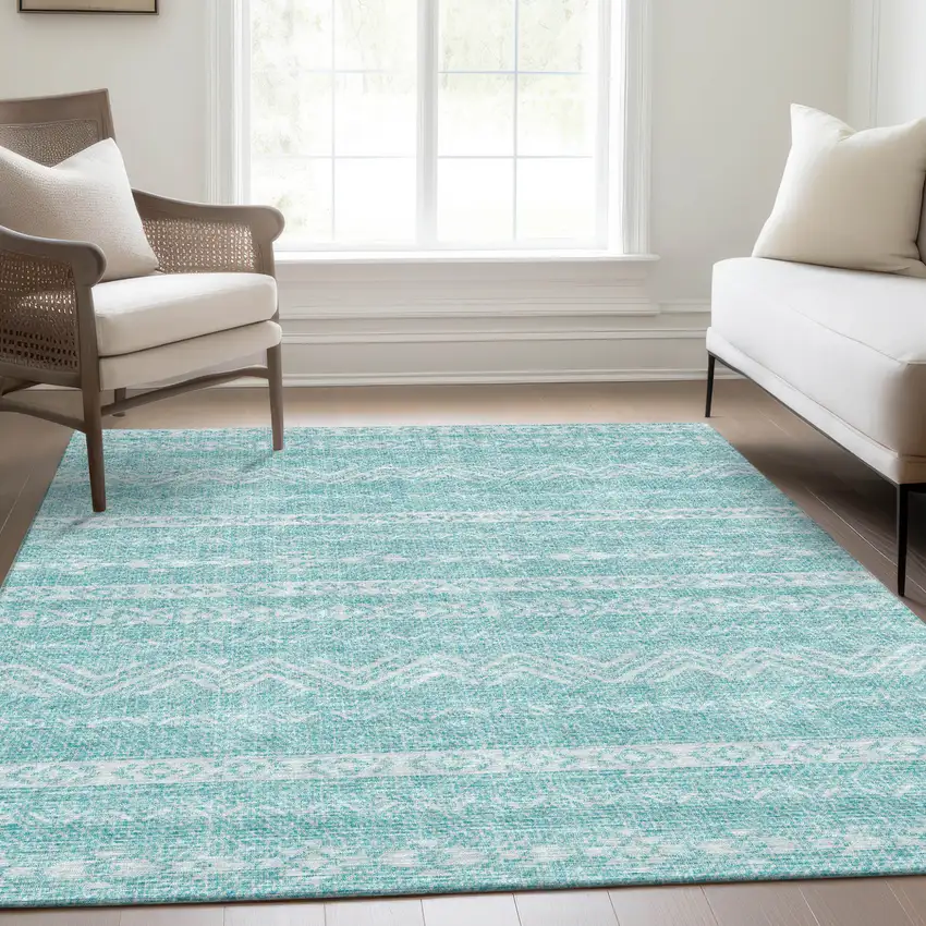 Teal Blue And Aqua Southwestern Washable Indoor Outdoor Area Rug Photo 9