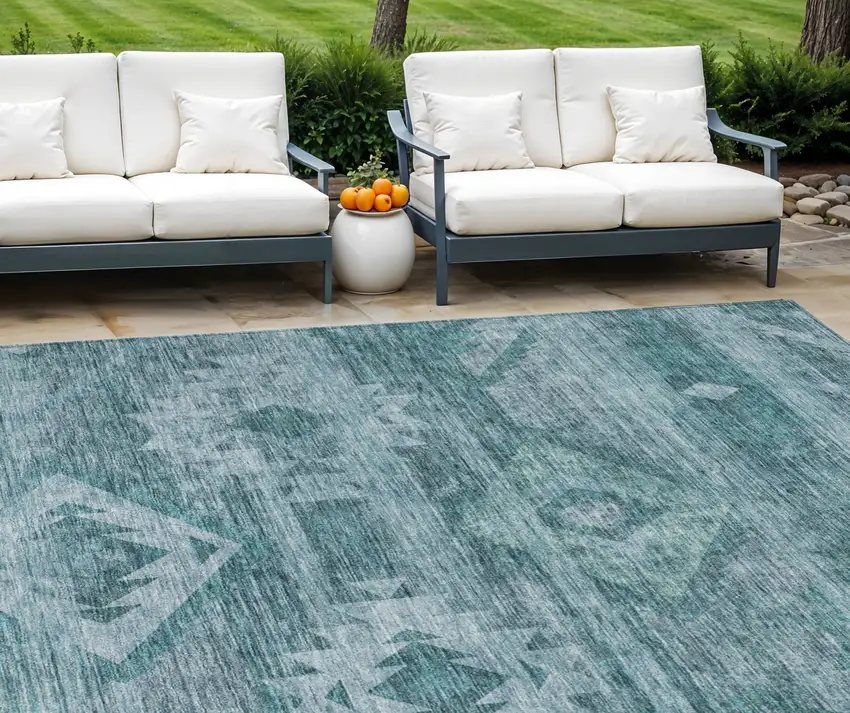 Teal Blue And Aqua Southwestern Washable Indoor Outdoor Area Rug Photo 1