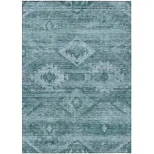 Photo of Teal Blue And Aqua Southwestern Washable Indoor Outdoor Area Rug