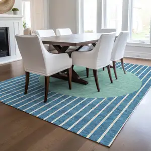 Photo of Teal Blue And Aqua Striped Washable Indoor Outdoor Area Rug
