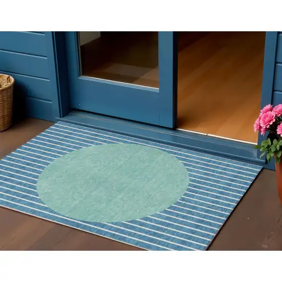 Teal Blue And Aqua Striped Washable Indoor Outdoor Area Rug Photo 1