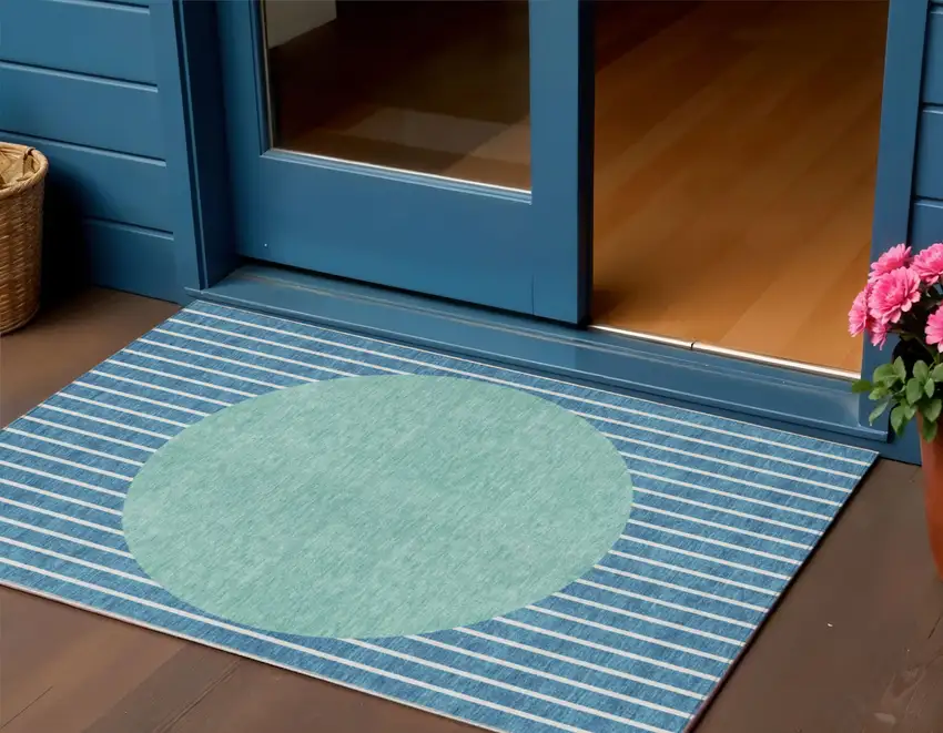 Teal Blue And Aqua Striped Washable Indoor Outdoor Area Rug Photo 1
