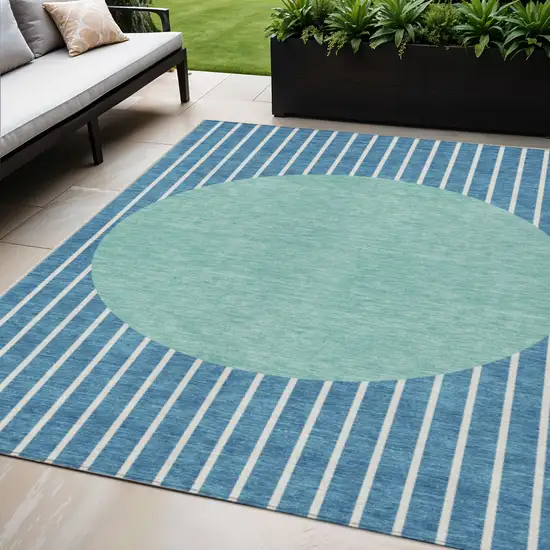 Teal Blue And Aqua Striped Washable Indoor Outdoor Area Rug Photo 1