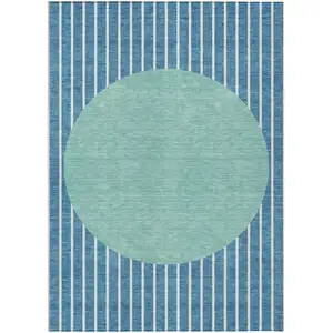 Photo of Teal Blue And Aqua Striped Washable Indoor Outdoor Area Rug