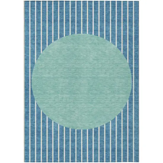 Teal Blue And Aqua Striped Washable Indoor Outdoor Area Rug Photo 2