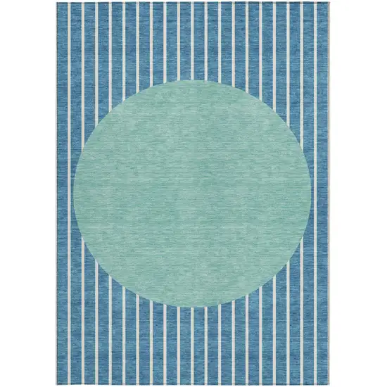 Teal Blue And Aqua Striped Washable Indoor Outdoor Area Rug Photo 5