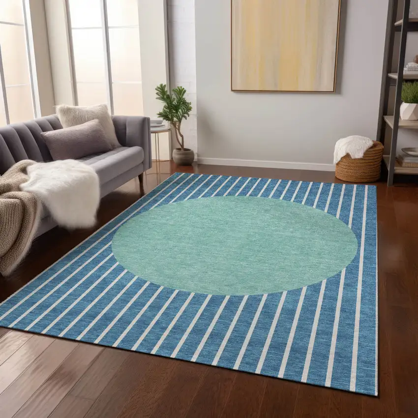 Teal Blue And Aqua Striped Washable Indoor Outdoor Area Rug Photo 7