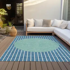 Photo of Teal Blue And Aqua Striped Washable Indoor Outdoor Area Rug
