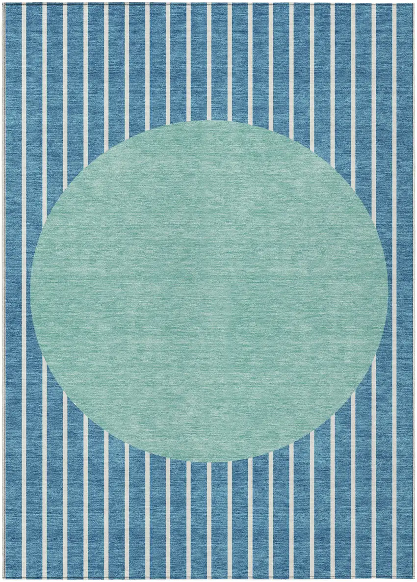 Teal Blue And Aqua Striped Washable Indoor Outdoor Area Rug Photo 2