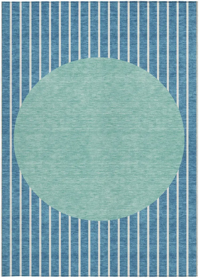 Teal Blue And Aqua Striped Washable Indoor Outdoor Area Rug Photo 5