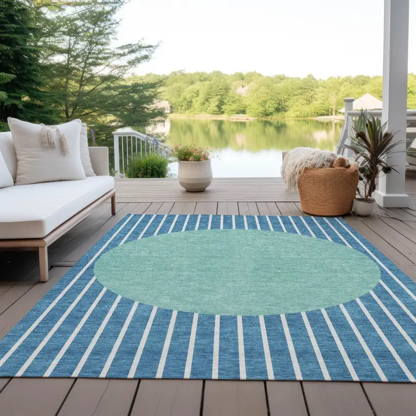 Teal Blue And Aqua Striped Washable Indoor Outdoor Area Rug Photo 9
