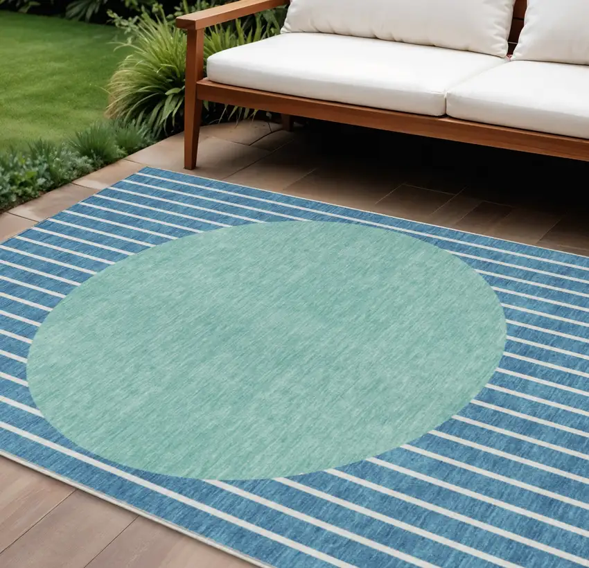 Teal Blue And Aqua Striped Washable Indoor Outdoor Area Rug Photo 1