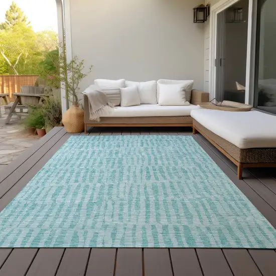 Teal Blue And Aqua Striped Washable Indoor Outdoor Area Rug Photo 8