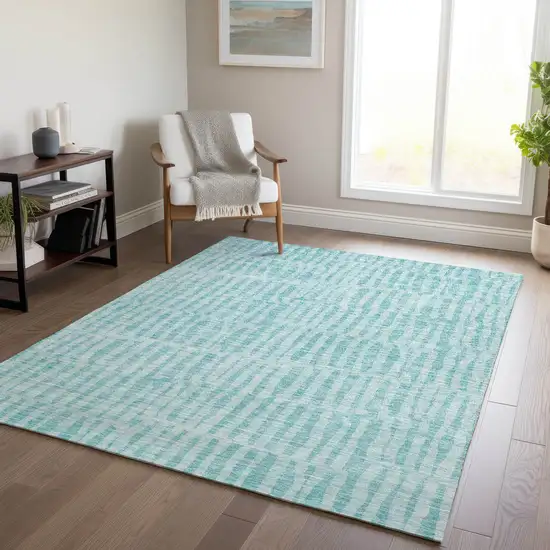 Teal Blue And Aqua Striped Washable Indoor Outdoor Area Rug Photo 9