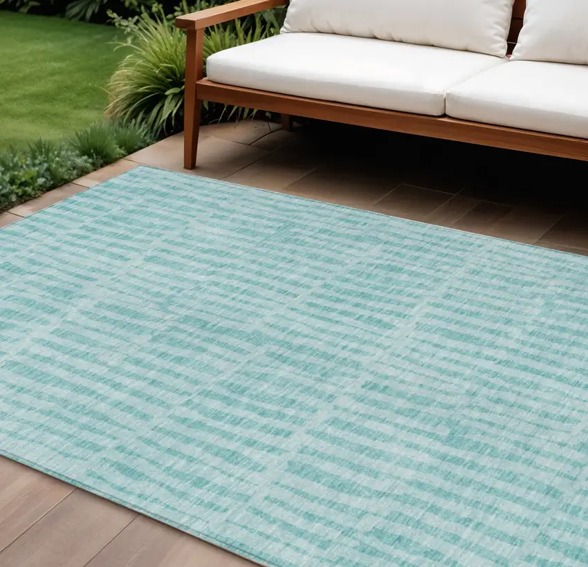 Teal Blue And Aqua Striped Washable Indoor Outdoor Area Rug Photo 1