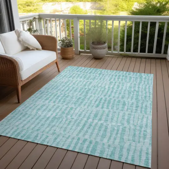 Teal Blue And Aqua Striped Washable Indoor Outdoor Area Rug Photo 9