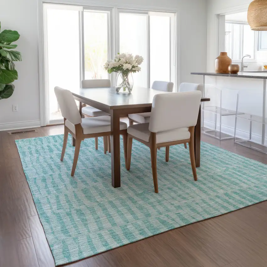 Teal Blue And Aqua Striped Washable Indoor Outdoor Area Rug Photo 9