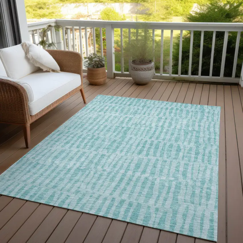 Teal Blue And Aqua Striped Washable Indoor Outdoor Area Rug Photo 9