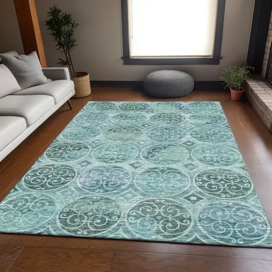 Teal Blue And Aqua Trellis Washable Indoor Outdoor Area Rug Photo 7