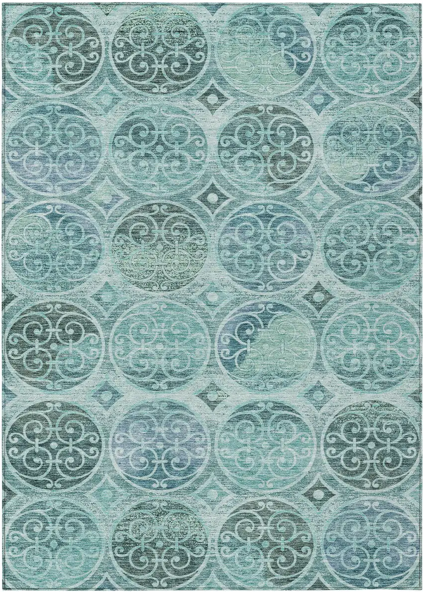 Teal Blue And Aqua Trellis Washable Indoor Outdoor Area Rug Photo 1