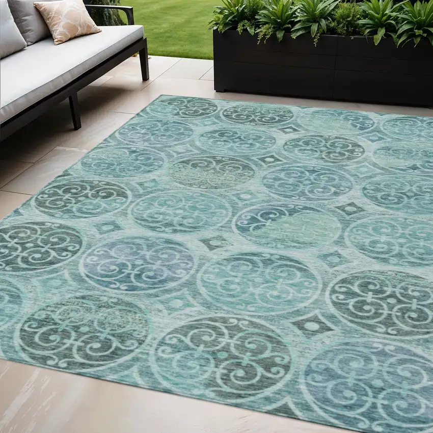Teal Blue And Aqua Trellis Washable Indoor Outdoor Area Rug Photo 1
