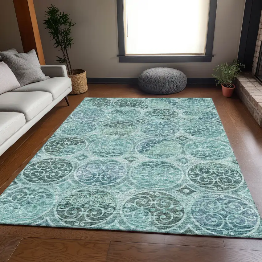 Teal Blue And Aqua Trellis Washable Indoor Outdoor Area Rug Photo 7
