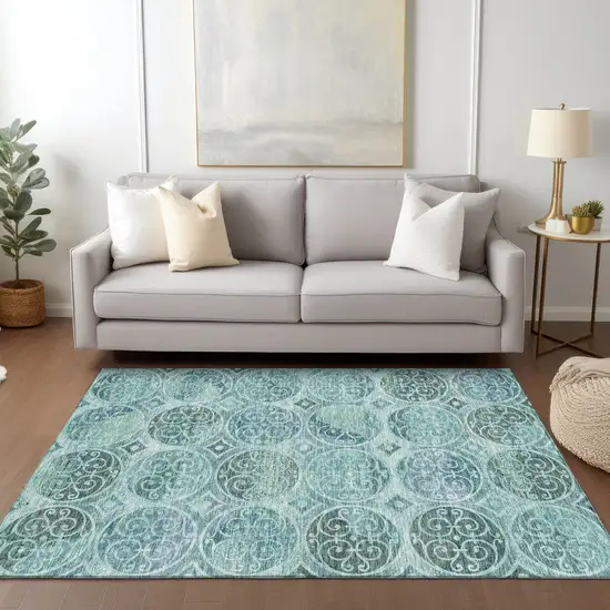 Teal Blue And Aqua Trellis Washable Indoor Outdoor Area Rug Photo 8
