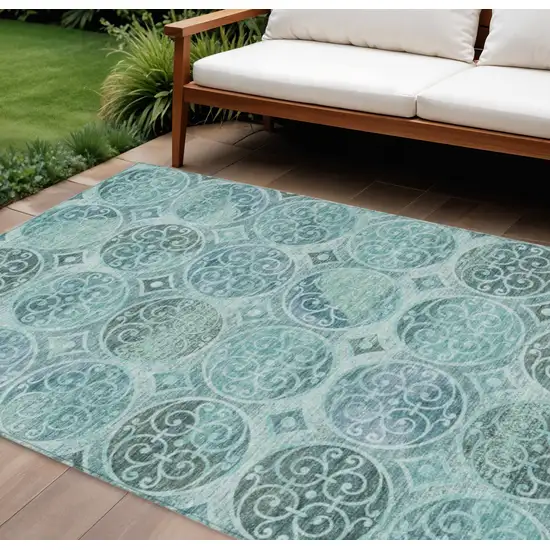 Teal Blue And Aqua Trellis Washable Indoor Outdoor Area Rug Photo 1