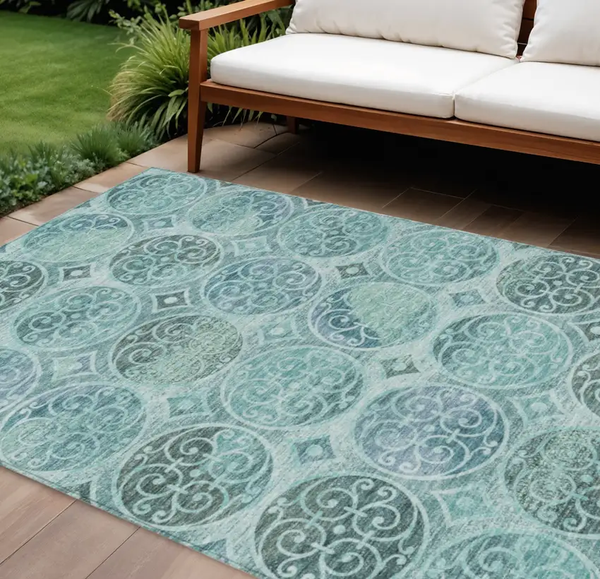 Teal Blue And Aqua Trellis Washable Indoor Outdoor Area Rug Photo 1