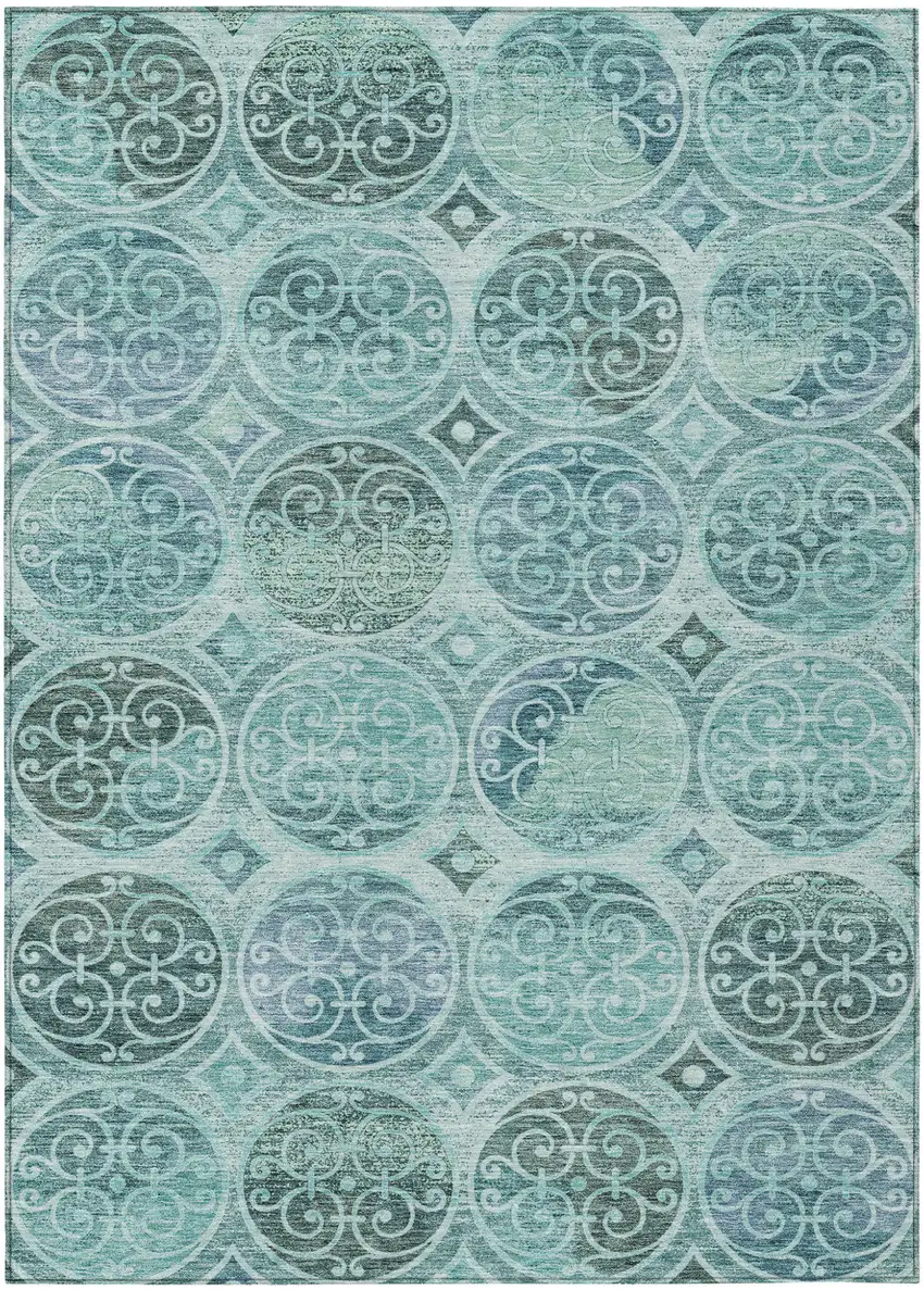 Teal Blue And Aqua Trellis Washable Indoor Outdoor Area Rug Photo 1