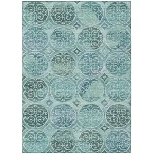 Photo of Teal Blue And Aqua Trellis Washable Indoor Outdoor Area Rug