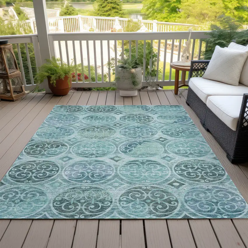 Teal Blue And Aqua Trellis Washable Indoor Outdoor Area Rug Photo 6