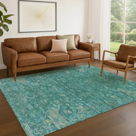 Teal Blue And Artichoke Green Medallion Washable Indoor Outdoor Area Rug Photo 8
