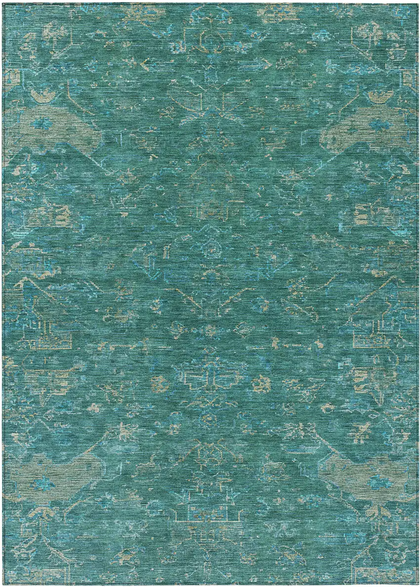 Teal Blue And Artichoke Green Medallion Washable Indoor Outdoor Area Rug Photo 2