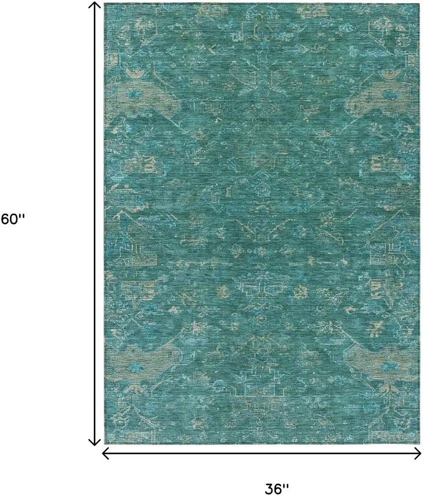 Teal Blue And Artichoke Green Medallion Washable Indoor Outdoor Area Rug Photo 3