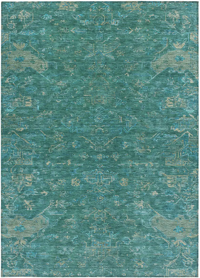 Teal Blue And Artichoke Green Medallion Washable Indoor Outdoor Area Rug Photo 4