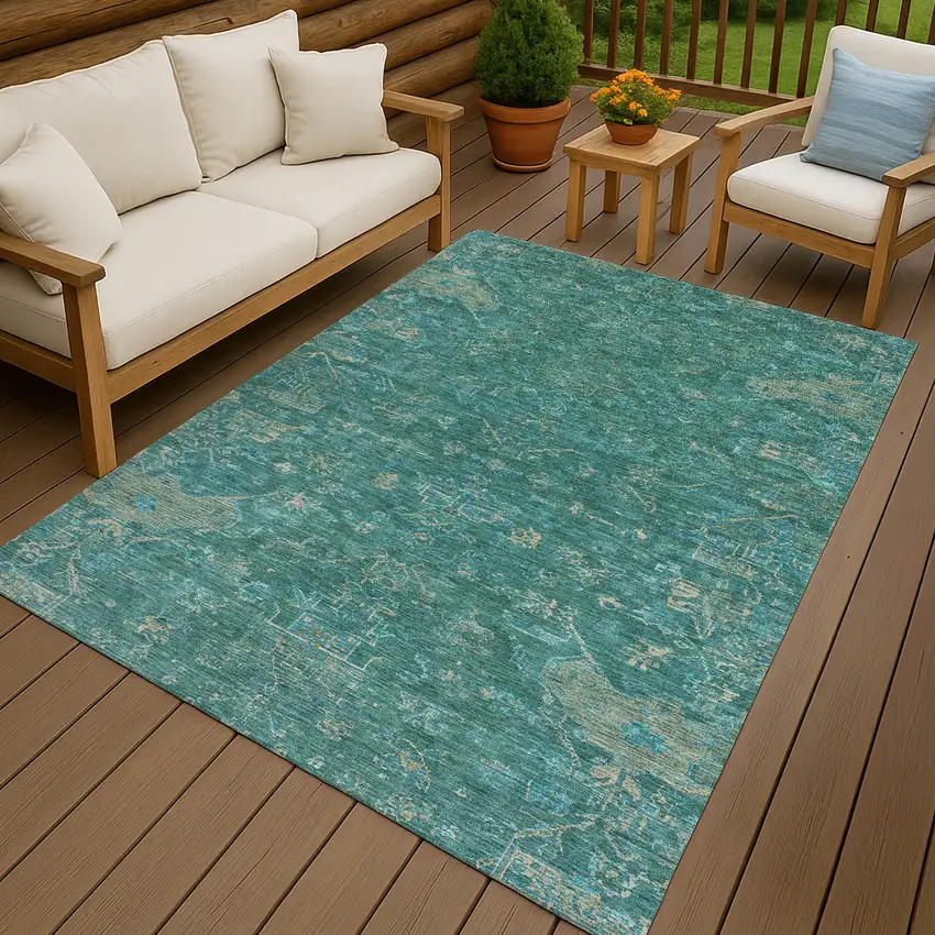 Teal Blue And Artichoke Green Medallion Washable Indoor Outdoor Area Rug Photo 9