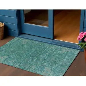 Photo of Teal Blue And Artichoke Green Medallion Washable Indoor Outdoor Area Rug