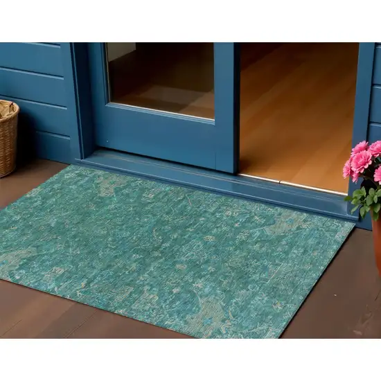 Teal Blue And Artichoke Green Medallion Washable Indoor Outdoor Area Rug Photo 1