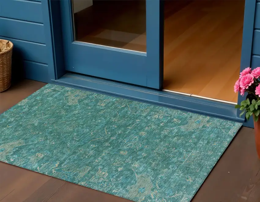 Teal Blue And Artichoke Green Medallion Washable Indoor Outdoor Area Rug Photo 1