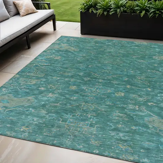 Teal Blue And Artichoke Green Medallion Washable Indoor Outdoor Area Rug Photo 1