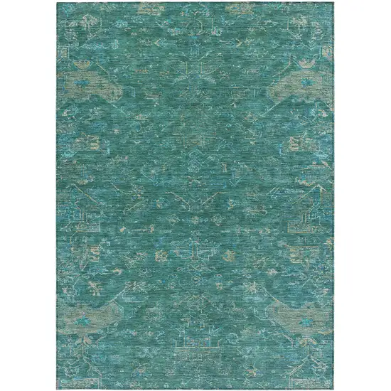 Teal Blue And Artichoke Green Medallion Washable Indoor Outdoor Area Rug Photo 5