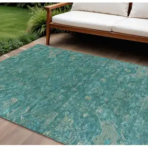Photo of Teal Blue And Artichoke Green Medallion Washable Indoor Outdoor Area Rug