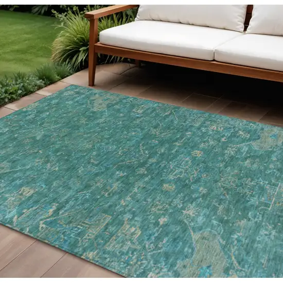 Teal Blue And Artichoke Green Medallion Washable Indoor Outdoor Area Rug Photo 1