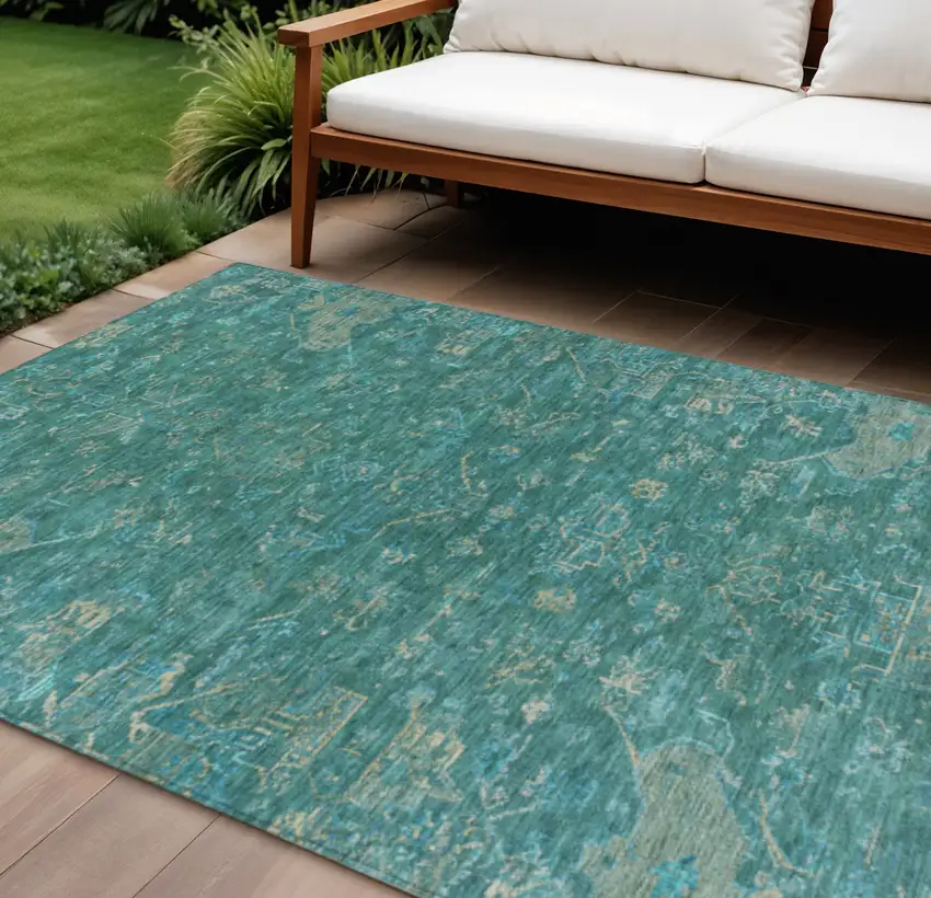 Teal Blue And Artichoke Green Medallion Washable Indoor Outdoor Area Rug Photo 1